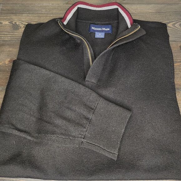 Mizzen+Main Black Quarter Zip Pullover Sweater Med‎ Classic Casual Knit - Picture 1 of 10
